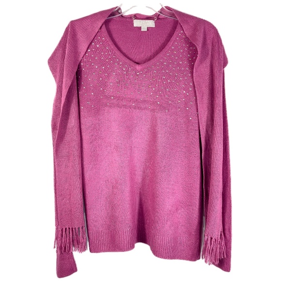 Pink V Neck Rhinestone Trim Sweater with attached Scarf - Picture 1 of 8